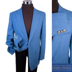 VTG Stanley Blacker Solid Blue Gold Buttons Sz 42R Sport Coat Jacket Blazer